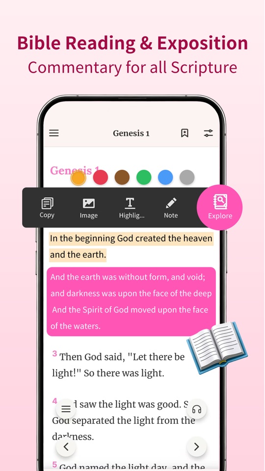 Bible reading screen with commentary, highlighting, notes and study tools
